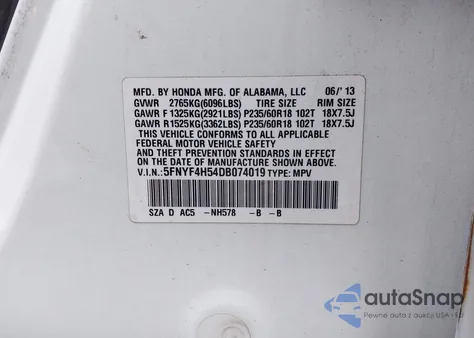 2013 Honda Pilot Ex-L from USA, damaged, VIN 5FNYF4H54DB074019
